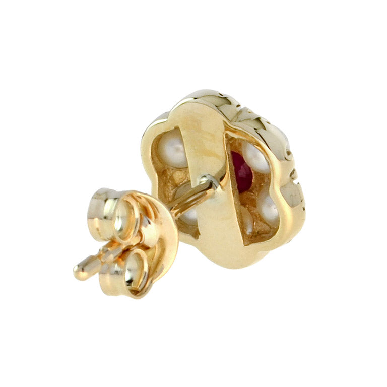 ruby & white pearl vintage style drop hook 14k yellow gold stud earrings