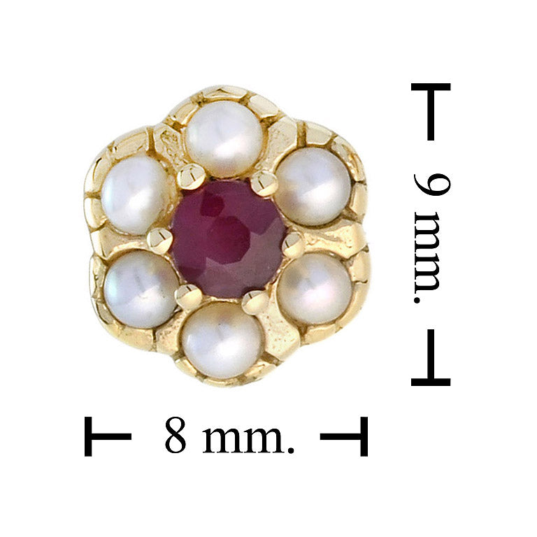 ruby & white pearl vintage style drop hook 14k yellow gold stud earrings