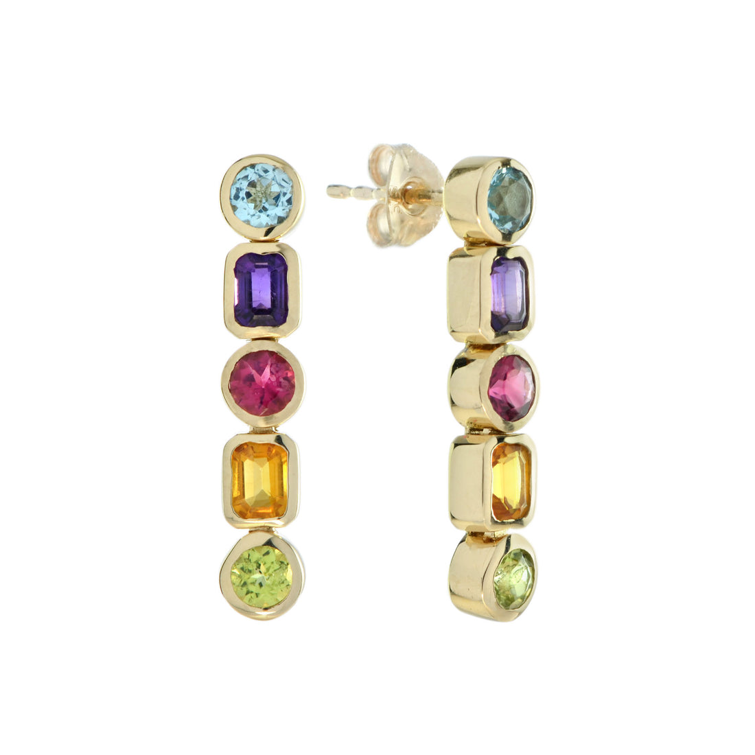 Colorful Multi Gemstone Line Drop 14K Yellow Gold Earrings