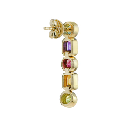 Colorful Multi Gemstone Line Drop 14K Yellow Gold Earrings