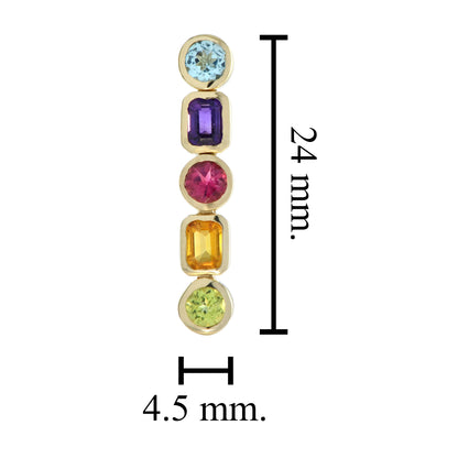 Colorful Multi Gemstone Line Drop 14K Yellow Gold Earrings