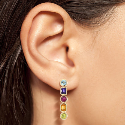 Colorful Multi Gemstone Line Drop 14K Yellow Gold Earrings