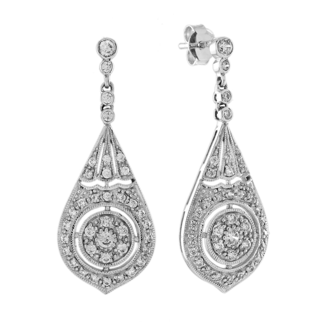 Diamond Vintage Inspired Style Art Deco Style Drop White Gold Earrings