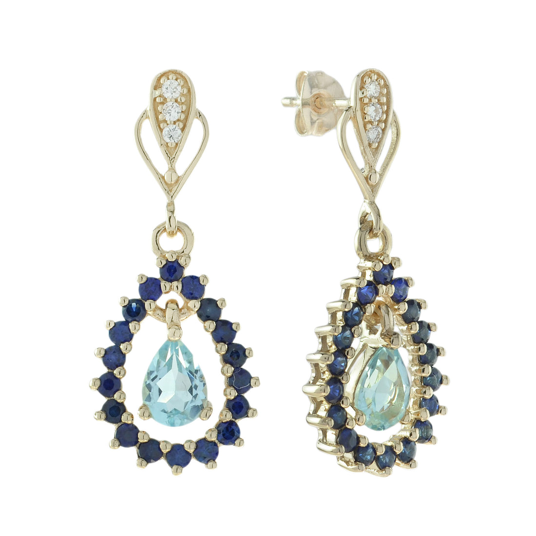 Pear Shape Blue Topaz & Blue Sapphire Diamond Frame Drop 14K Gold Earrings