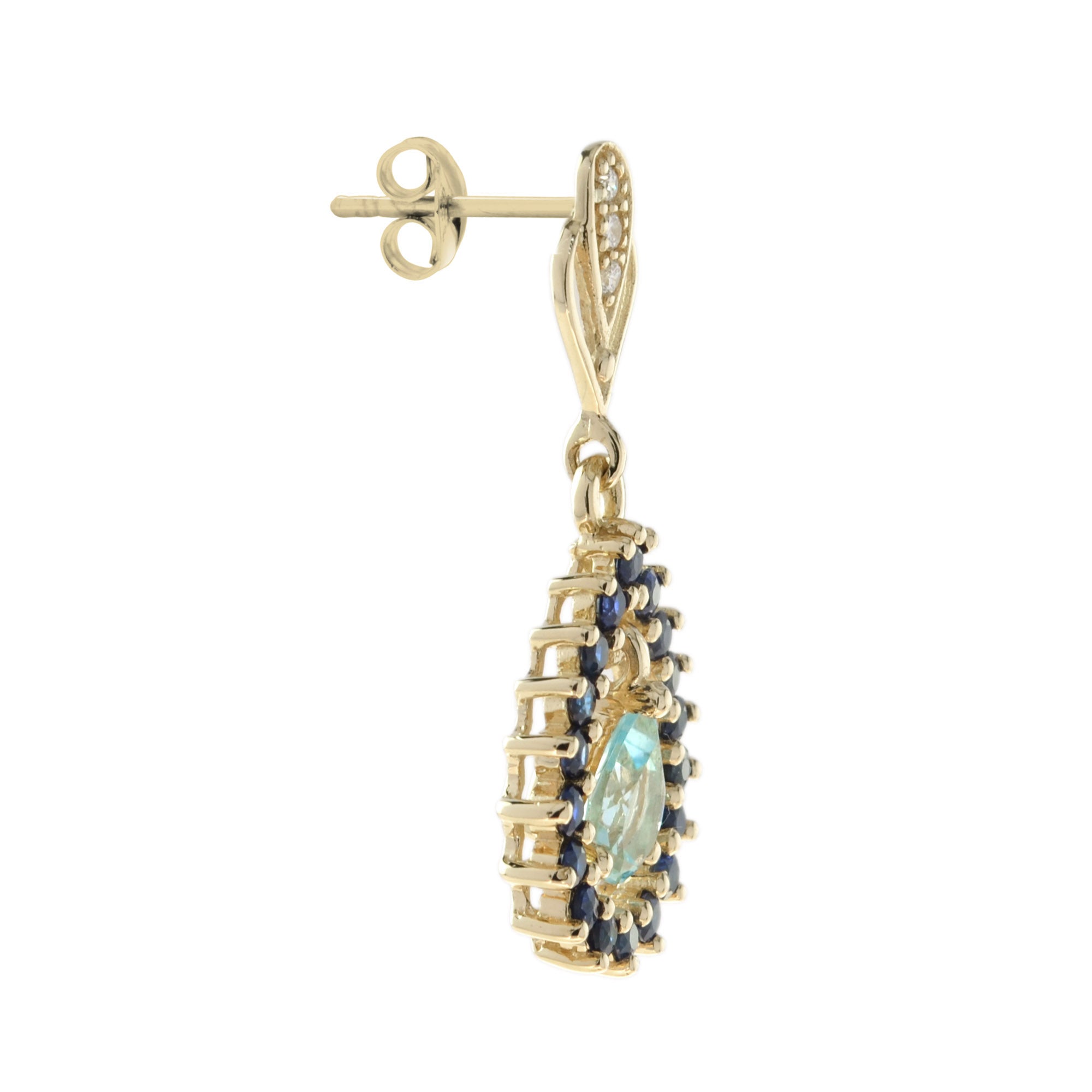 Pear Shape Blue Topaz &amp; Blue Sapphire Diamond Frame Drop 14K Gold Earrings