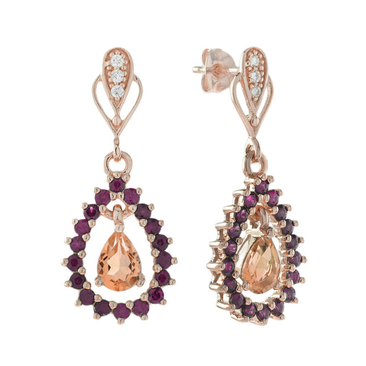 Peach Orange Morganite Ruby Diamond Vintage Style Drop Dangle Gold Earrings
