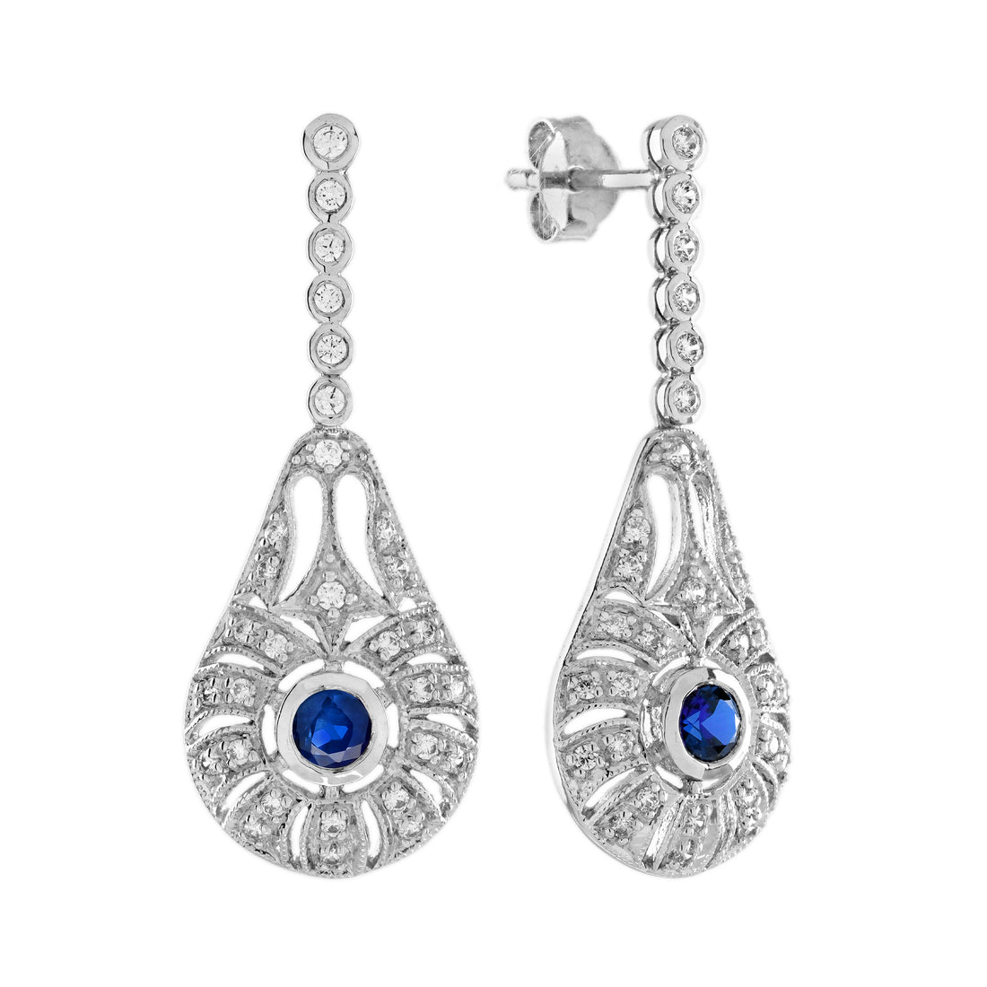 Blue Sapphire Diamond Art Deco Style Drop Dangle 14K White Gold Earrings