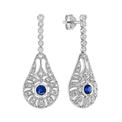 Blue Sapphire Diamond Art Deco Style Drop Dangle 14K White Gold Earrings