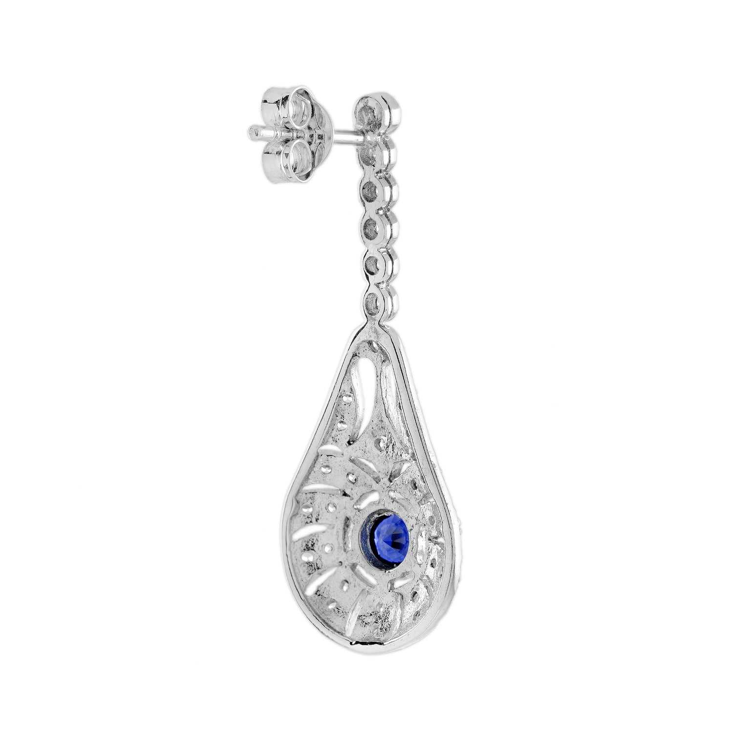 Blue Sapphire Diamond Art Deco Style Drop Dangle 14K White Gold Earrings