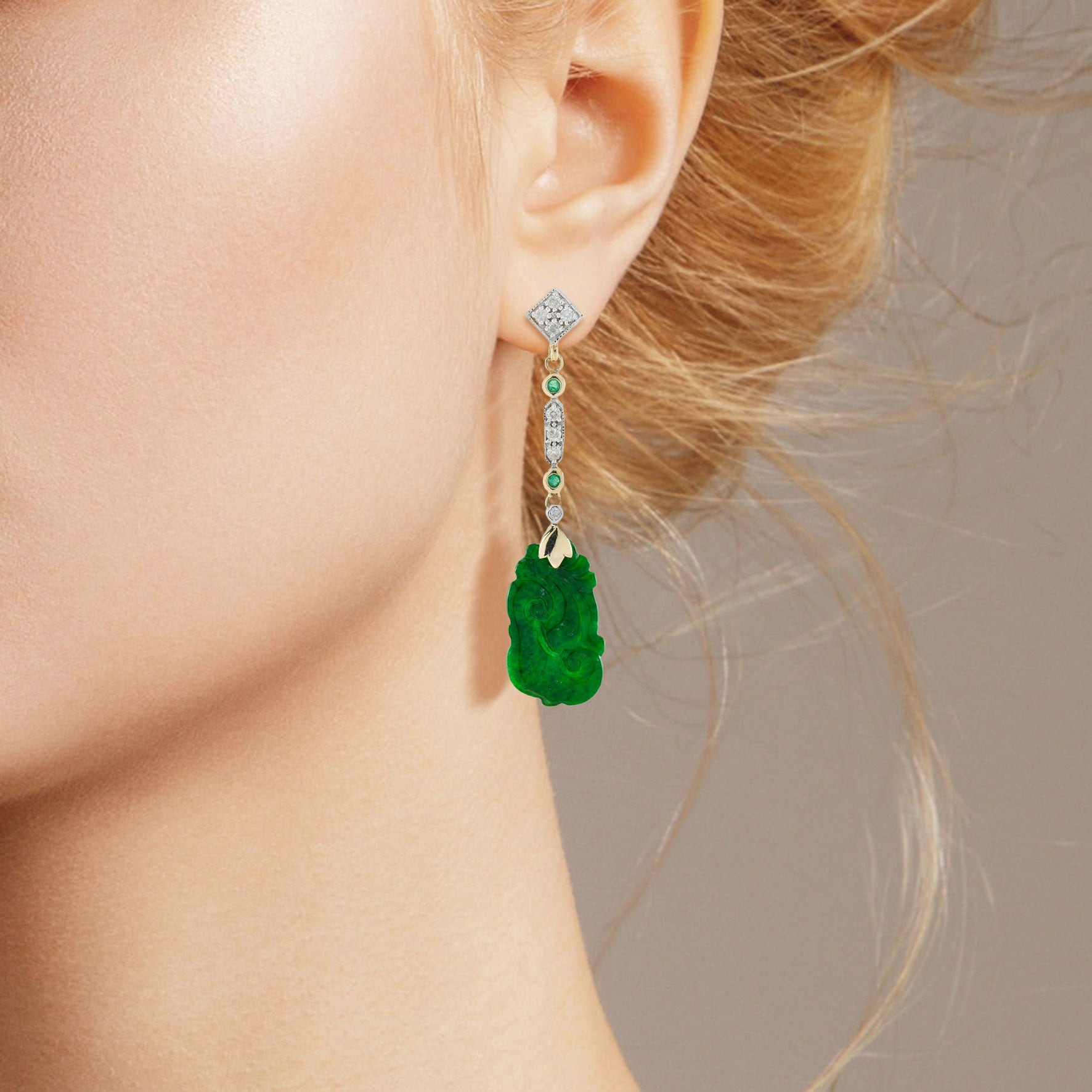 Carved Jade Emerald Diamond Vintage Style Dangle 9K Gold Earrings