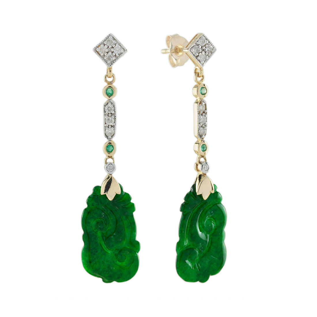 Carved Jade Emerald Diamond Vintage Style Dangle 9K Gold Earrings