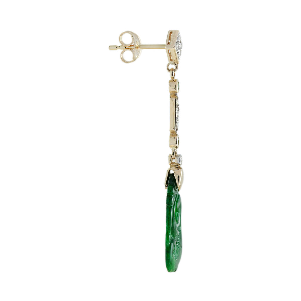 Carved Jade Emerald Diamond Vintage Style Dangle 9K Gold Earrings