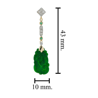 Carved Jade Emerald Diamond Vintage Style Dangle 9K Gold Earrings