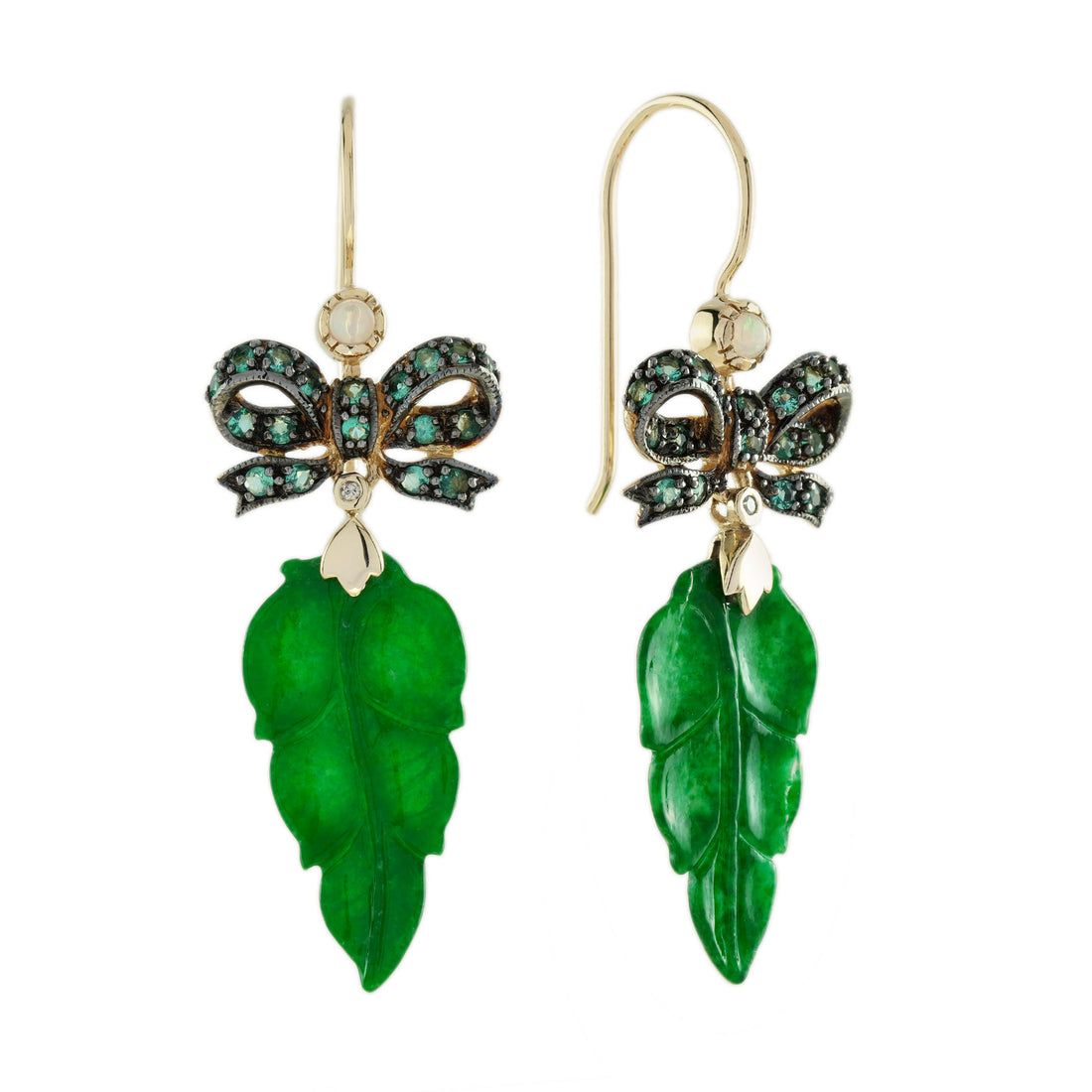 Carved Green Jadeite Jade Leaf & Emerald Bow Edwardian Style Drop Gold Earrings