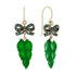 Carved Green Jadeite Jade Leaf & Emerald Bow Edwardian Style Drop Gold Earrings