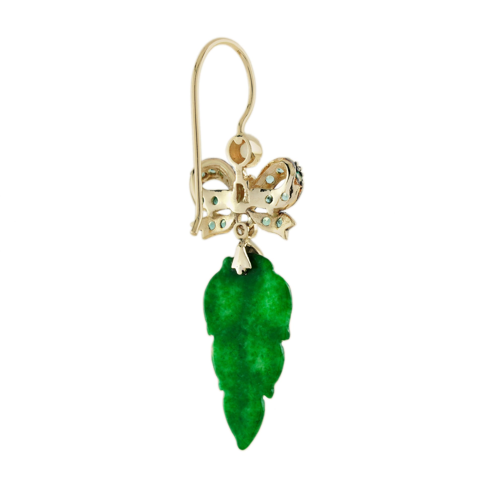 Carved Green Jadeite Jade Leaf & Emerald Bow Edwardian Style Drop Gold Earrings