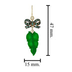 Carved Green Jadeite Jade Leaf & Emerald Bow Edwardian Style Drop Gold Earrings