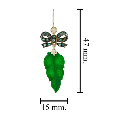 Carved Green Jadeite Jade Leaf & Emerald Bow Edwardian Style Drop Gold Earrings
