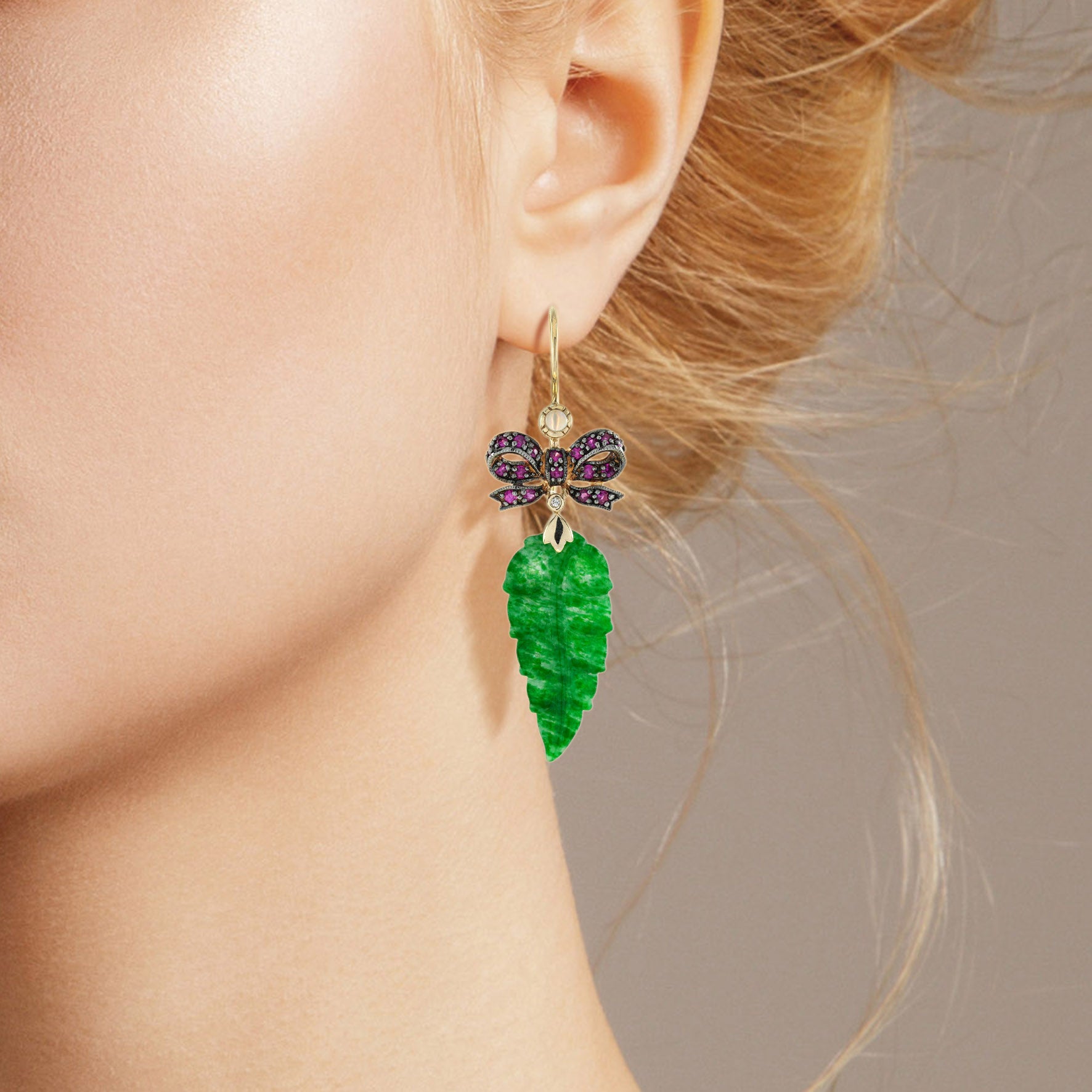 Carved Jade Leaf & Ruby Bow Edwardian Style Drop 9K Yellow Gold Earrings