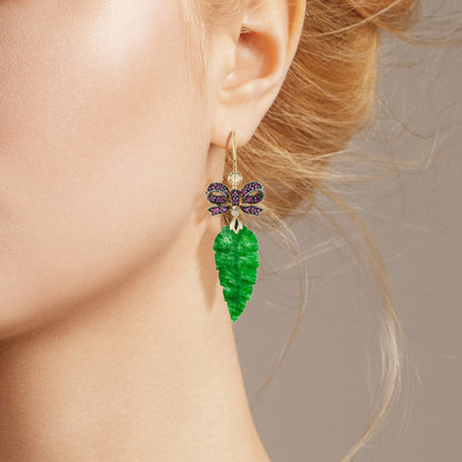 Carved Jade Leaf & Ruby Bow Edwardian Style Drop 9K Yellow Gold Earrings