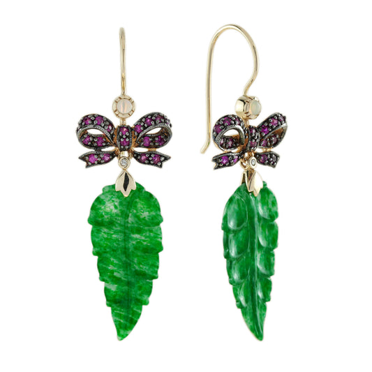 Carved Jade Leaf & Ruby Bow Edwardian Style Drop 9K Yellow Gold Earrings
