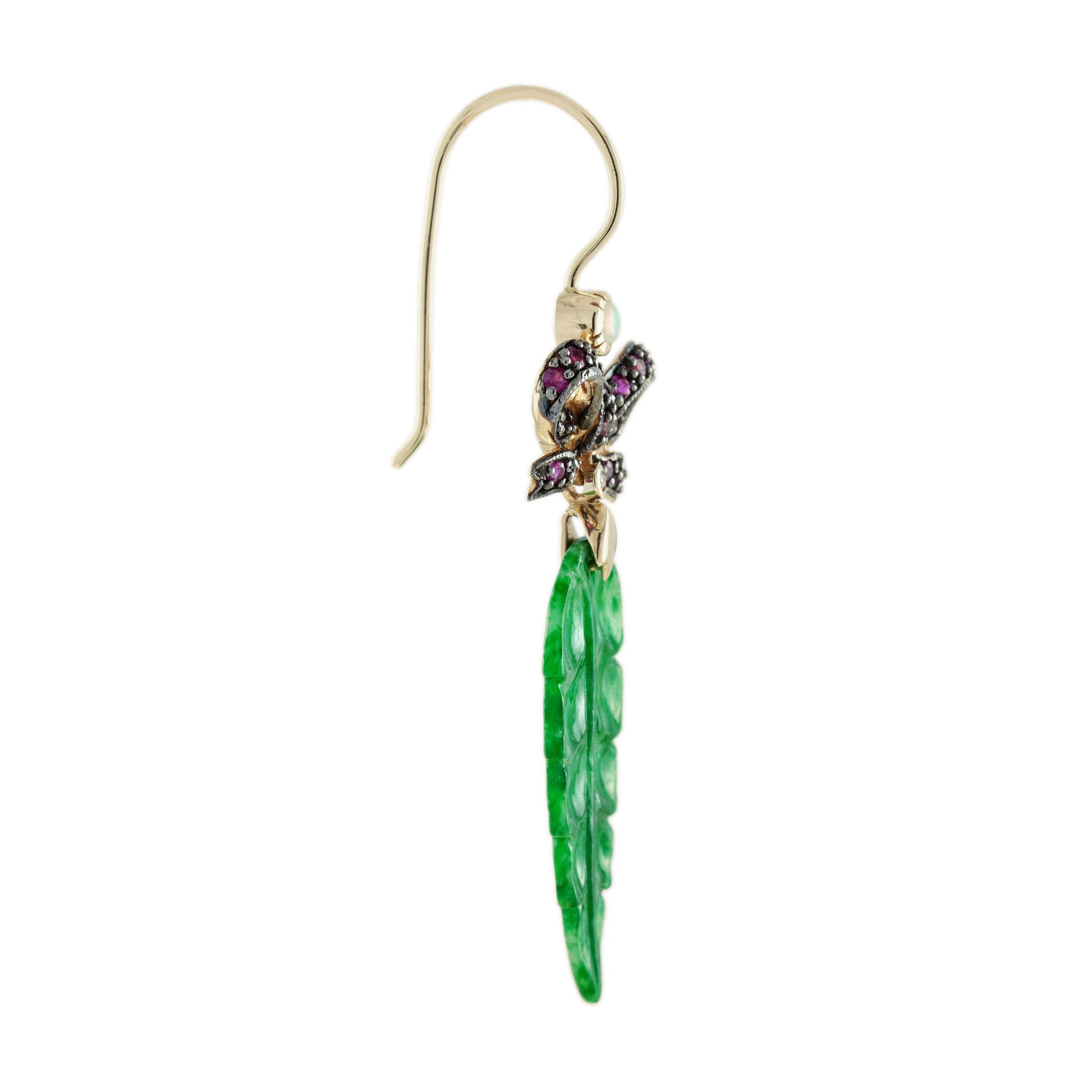 Carved Jade Leaf & Ruby Bow Edwardian Style Drop 9K Yellow Gold Earrings