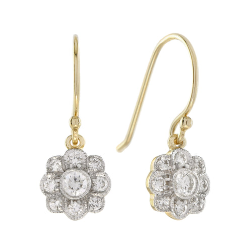 Diamond Floral Cluster Edwardian Style Drop 14K Yellow Gold Dangle Earrings