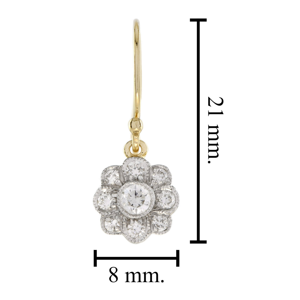 Diamond Floral Cluster Edwardian Style Drop 14K Yellow Gold Dangle Earrings