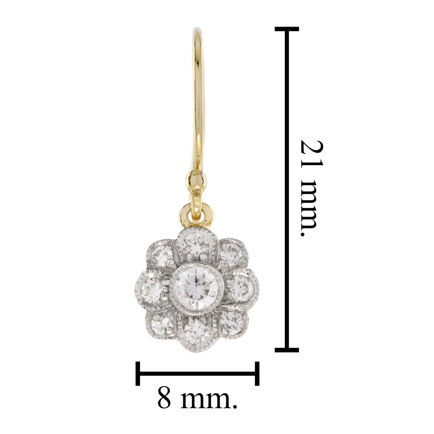 diamond floral cluster edwardian style drop 14k yellow gold dangle earrings