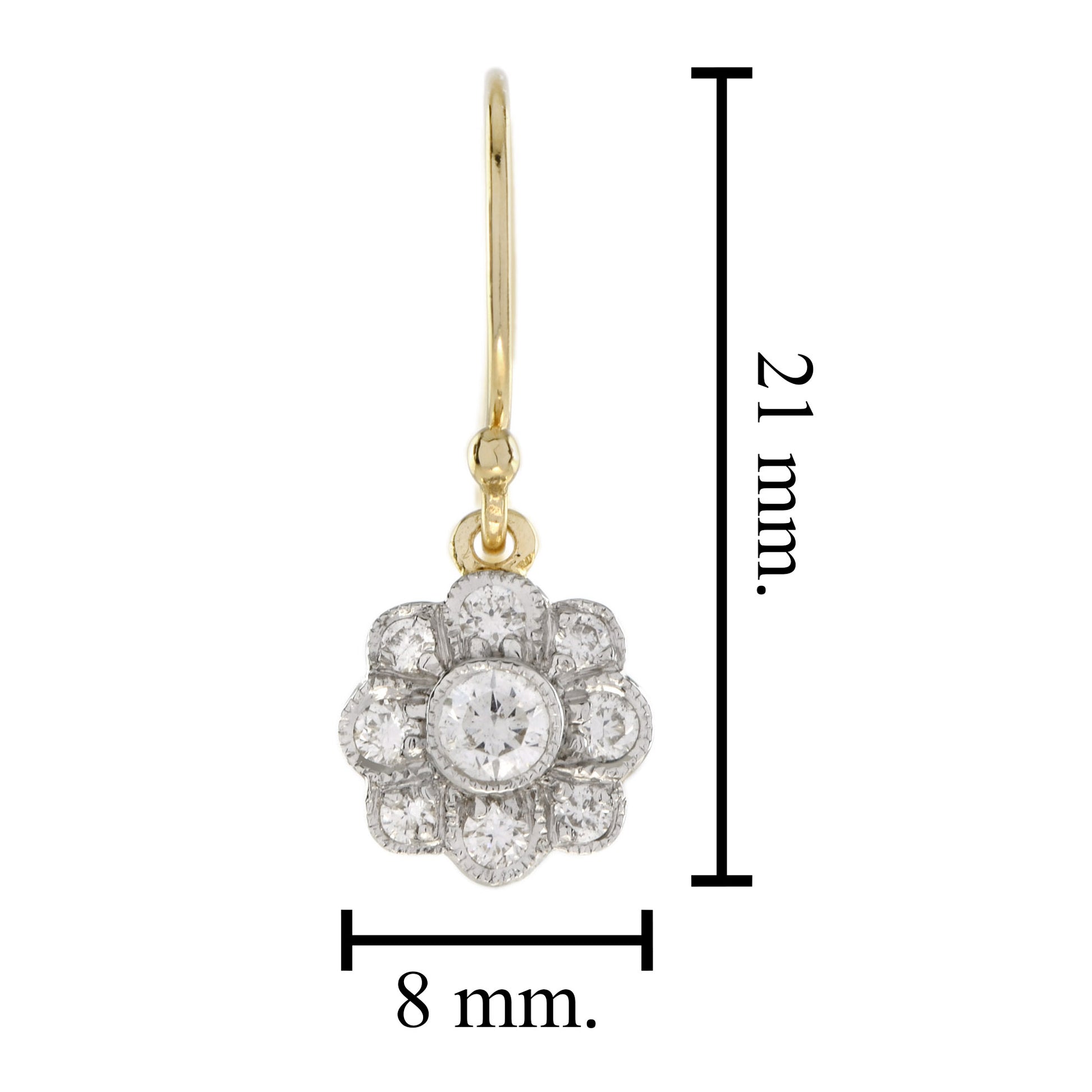 Diamond Floral Cluster Edwardian Style Drop 14K Yellow Gold Dangle Earrings
