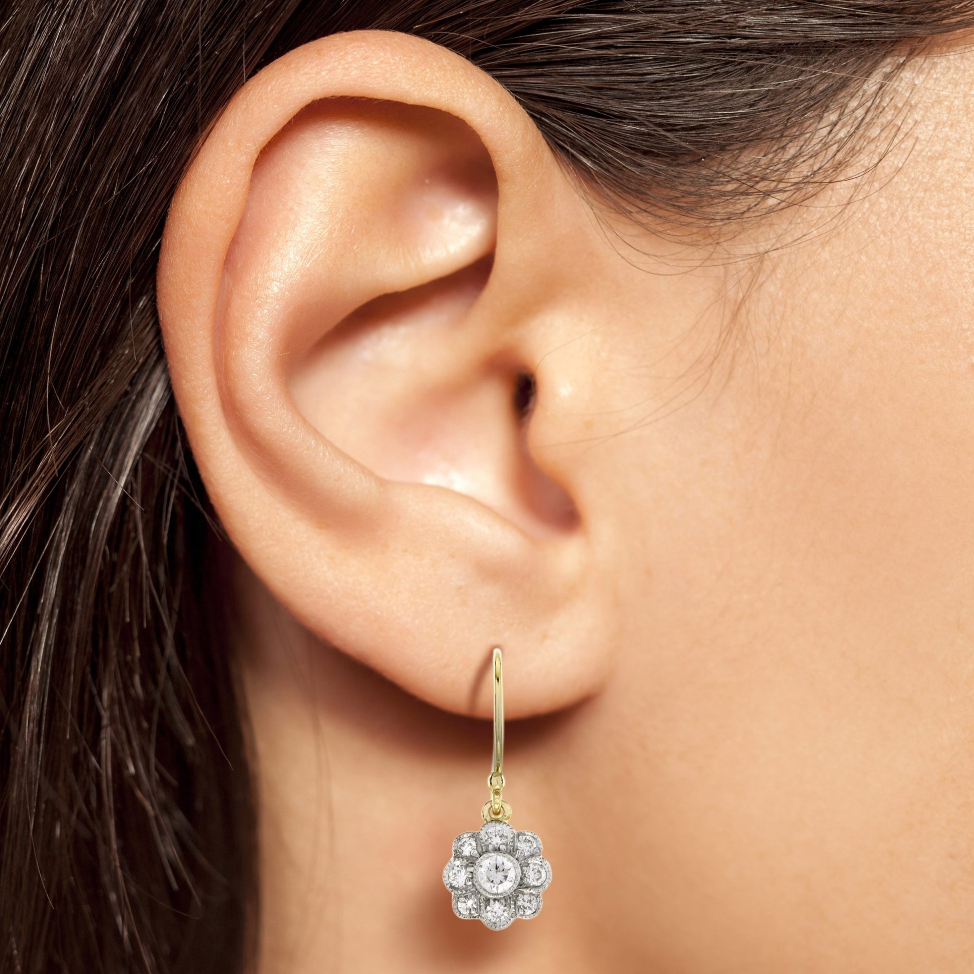 Diamond Floral Cluster Edwardian Style Drop 14K Yellow Gold Dangle Earrings