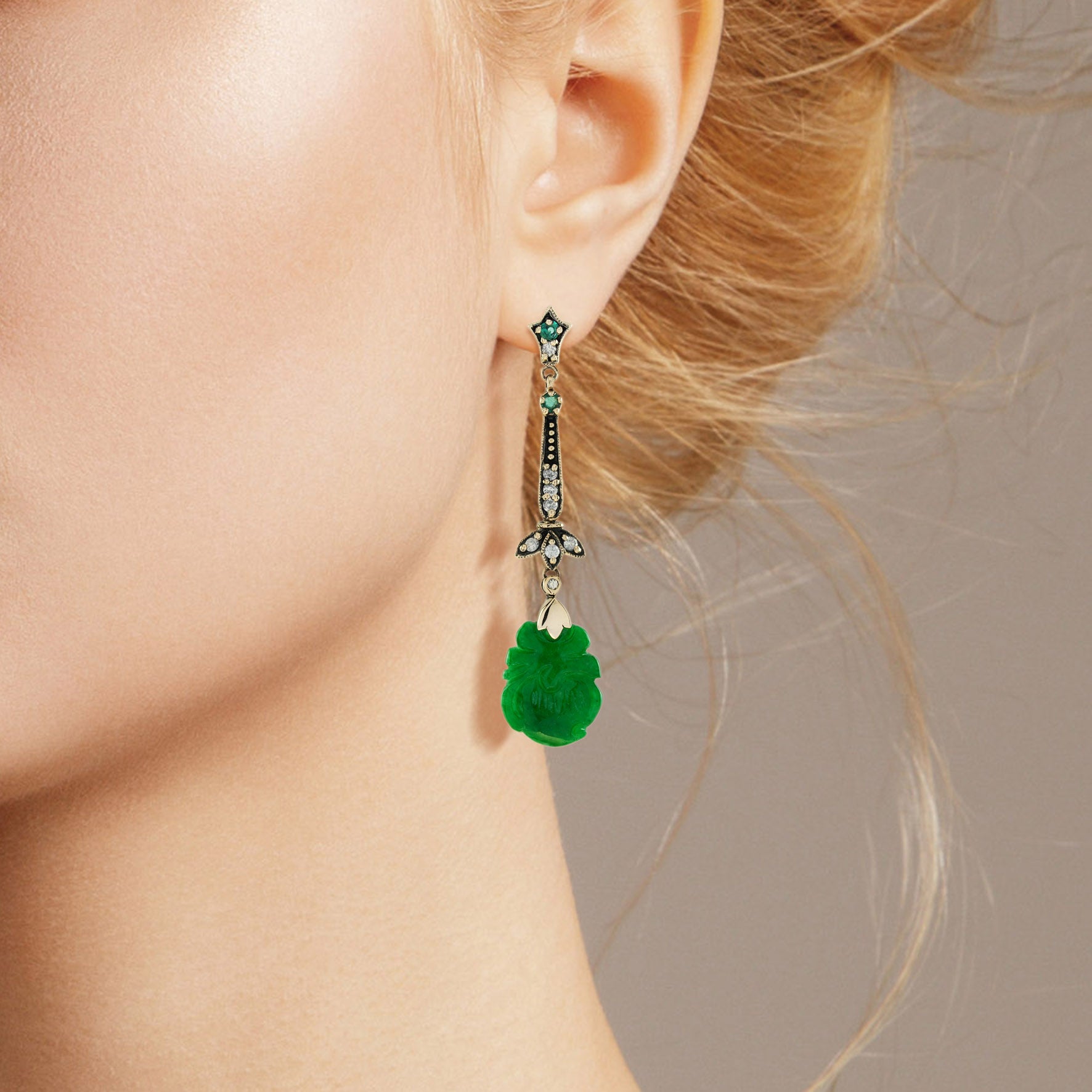 Carved Jade Emerald Diamond Vintage Style Dangle Earrings