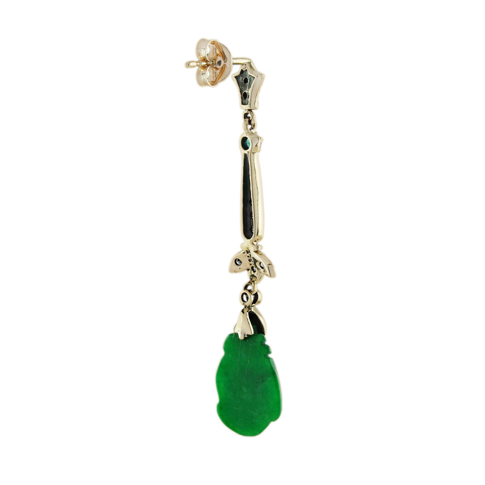 Carved Jade Emerald Diamond Vintage Style Dangle Earrings