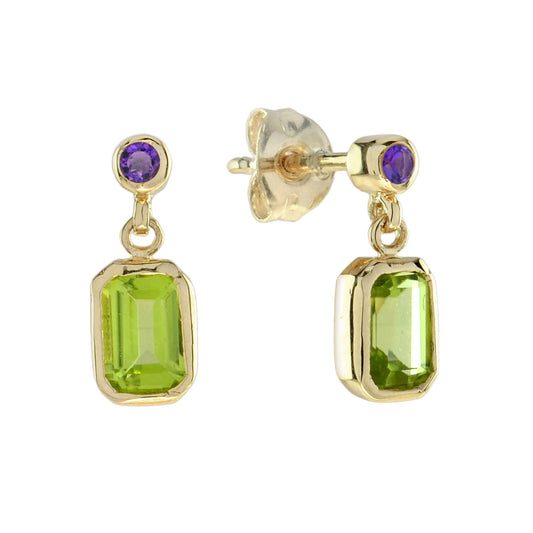 Green Peridot and Purple Violet Amethyst Vintage Style Drop Yellow Gold Earrings