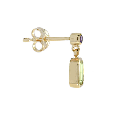 Green Peridot and Purple Violet Amethyst Vintage Style Drop Yellow Gold Earrings