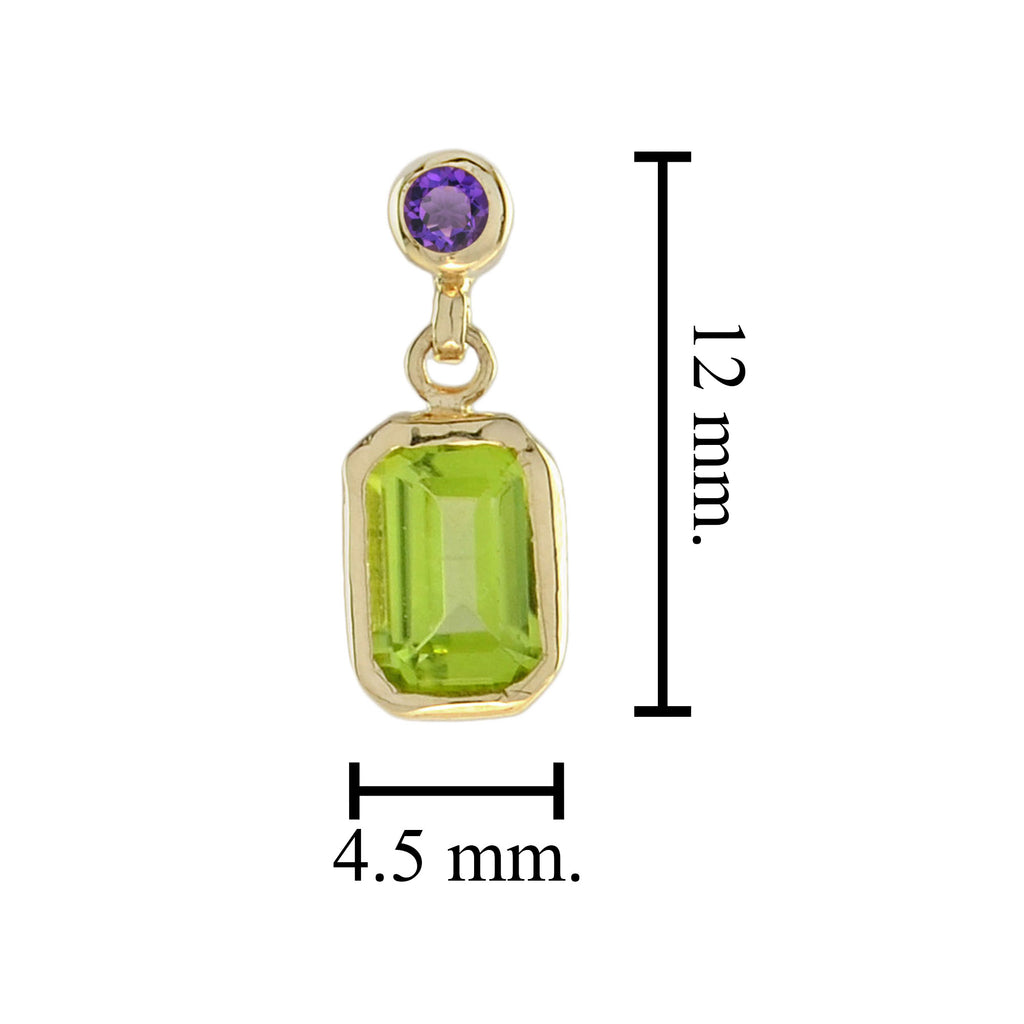 Green Peridot and Purple Violet Amethyst Vintage Style Drop Yellow Gold Earrings