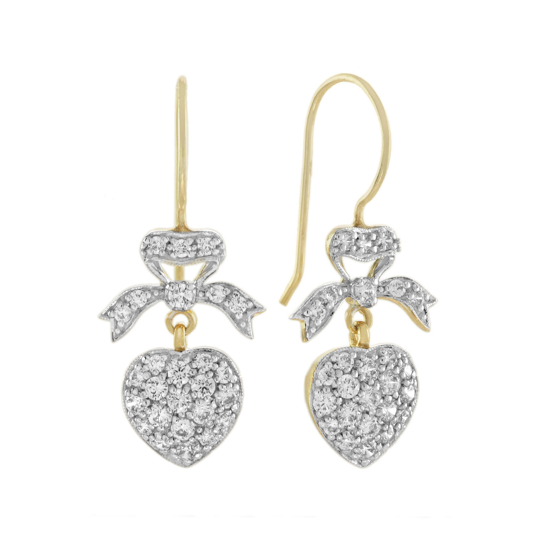 Diamond Heart & Bow Vintage Style Dangle Pave Set 14K Yellow Gold Earrings