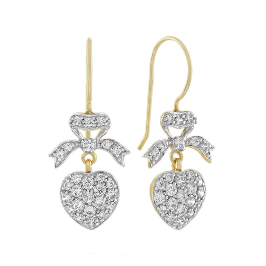 Diamond Heart & Bow Vintage Style Dangle Pave Set 14K Yellow Gold Earrings