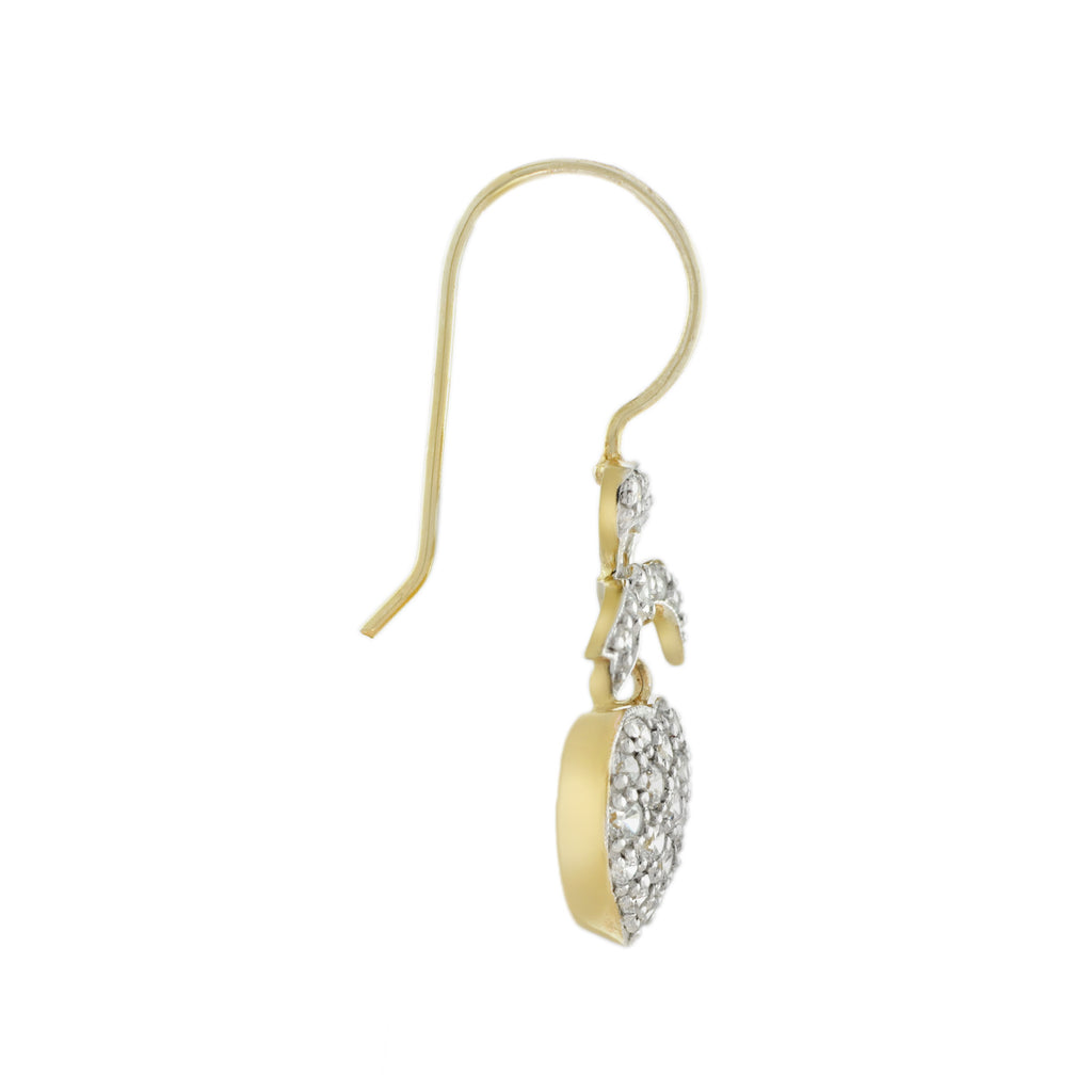 Diamond Heart & Bow Vintage Style Dangle Pave Set 14K Yellow Gold Earrings