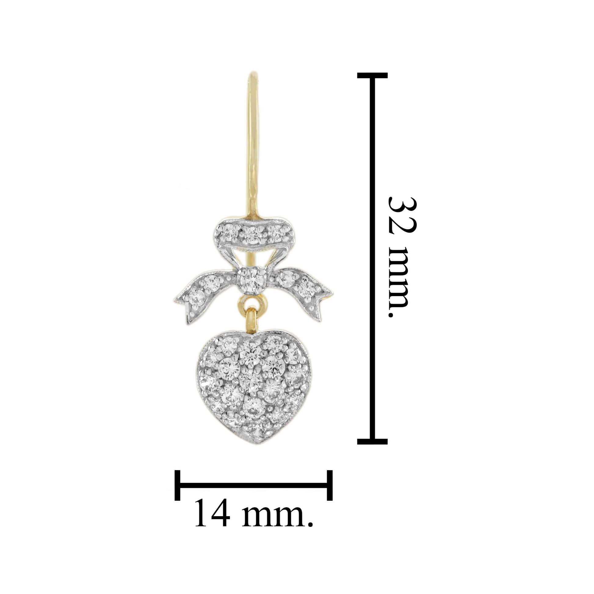 Diamond Heart & Bow Vintage Style Dangle Pave Set 14K Yellow Gold Earrings