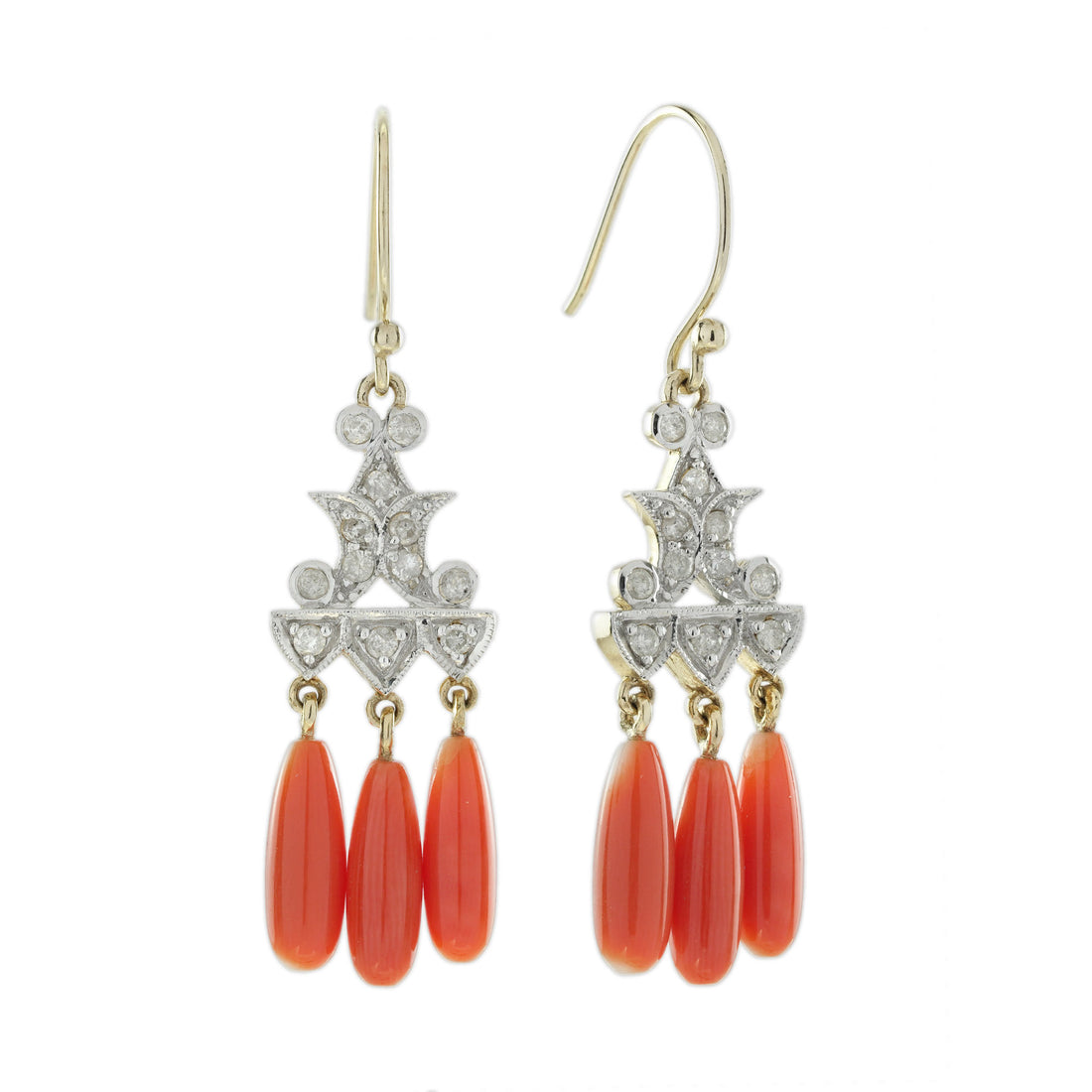 Diamond &amp; Orange Coral Vintage Style Drop Yellow Gold Earrings