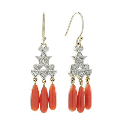 Diamond & Orange Coral Vintage Style Drop Yellow Gold Earrings