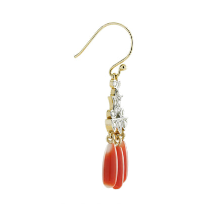 Diamond &amp; Orange Coral Vintage Style Drop Yellow Gold Earrings
