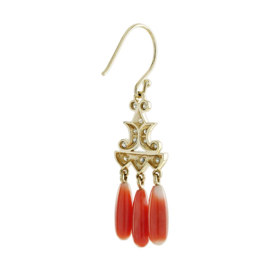 Diamond &amp; Orange Coral Vintage Style Drop Yellow Gold Earrings