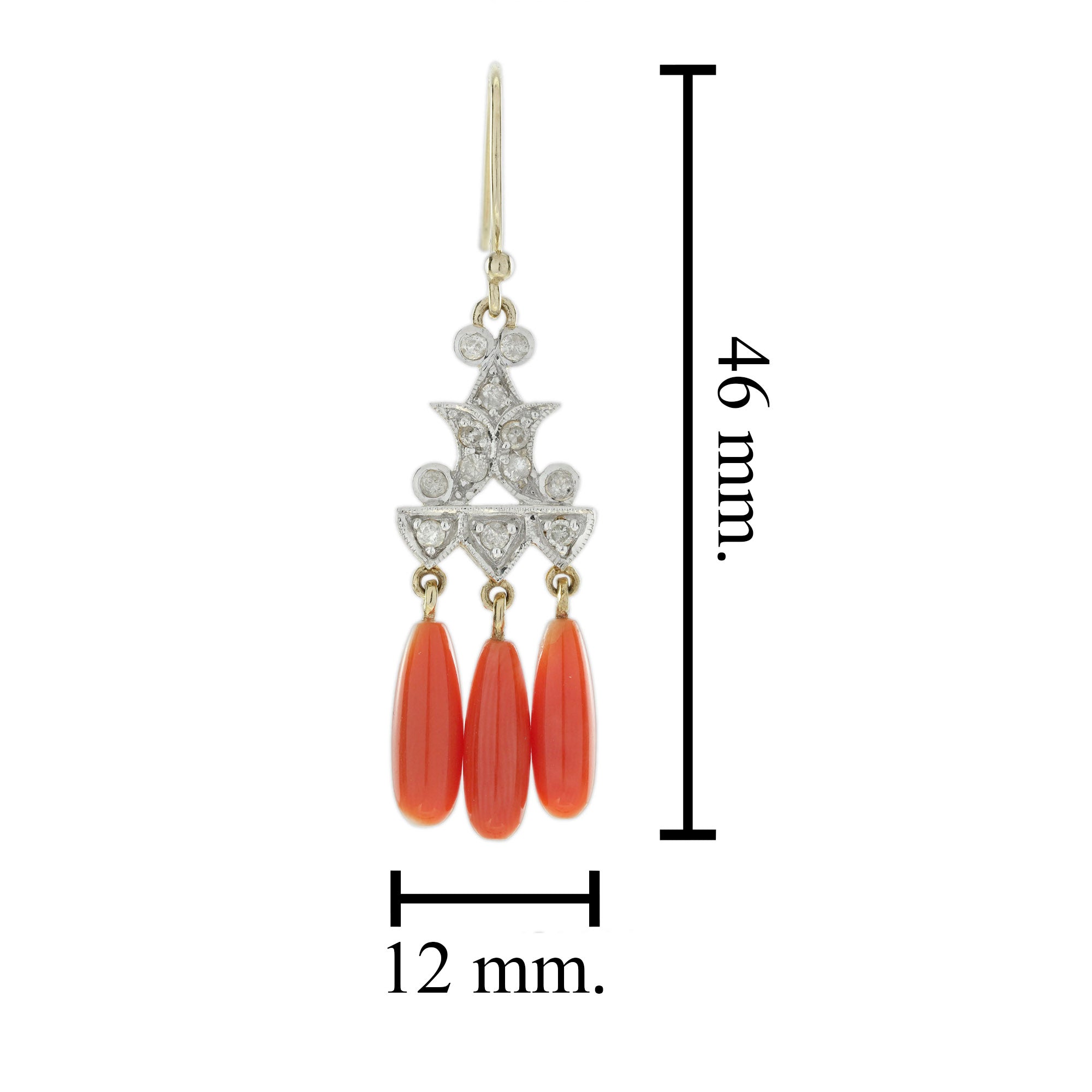 Diamond &amp; Orange Coral Vintage Style Drop Yellow Gold Earrings