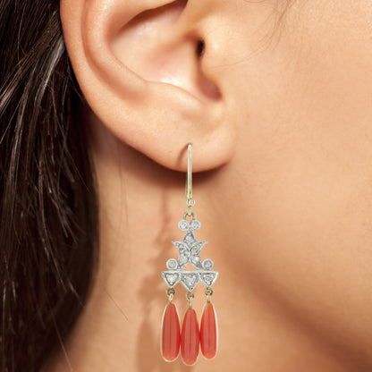Diamond &amp; Orange Coral Vintage Style Drop Yellow Gold Earrings