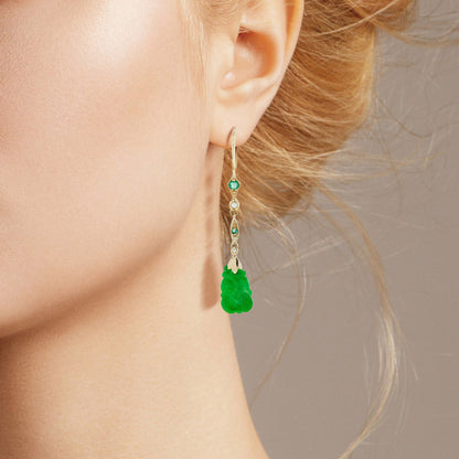 Carved Jade Pearl Emerald Diamond Vintage Style Dangle 9K Earrings