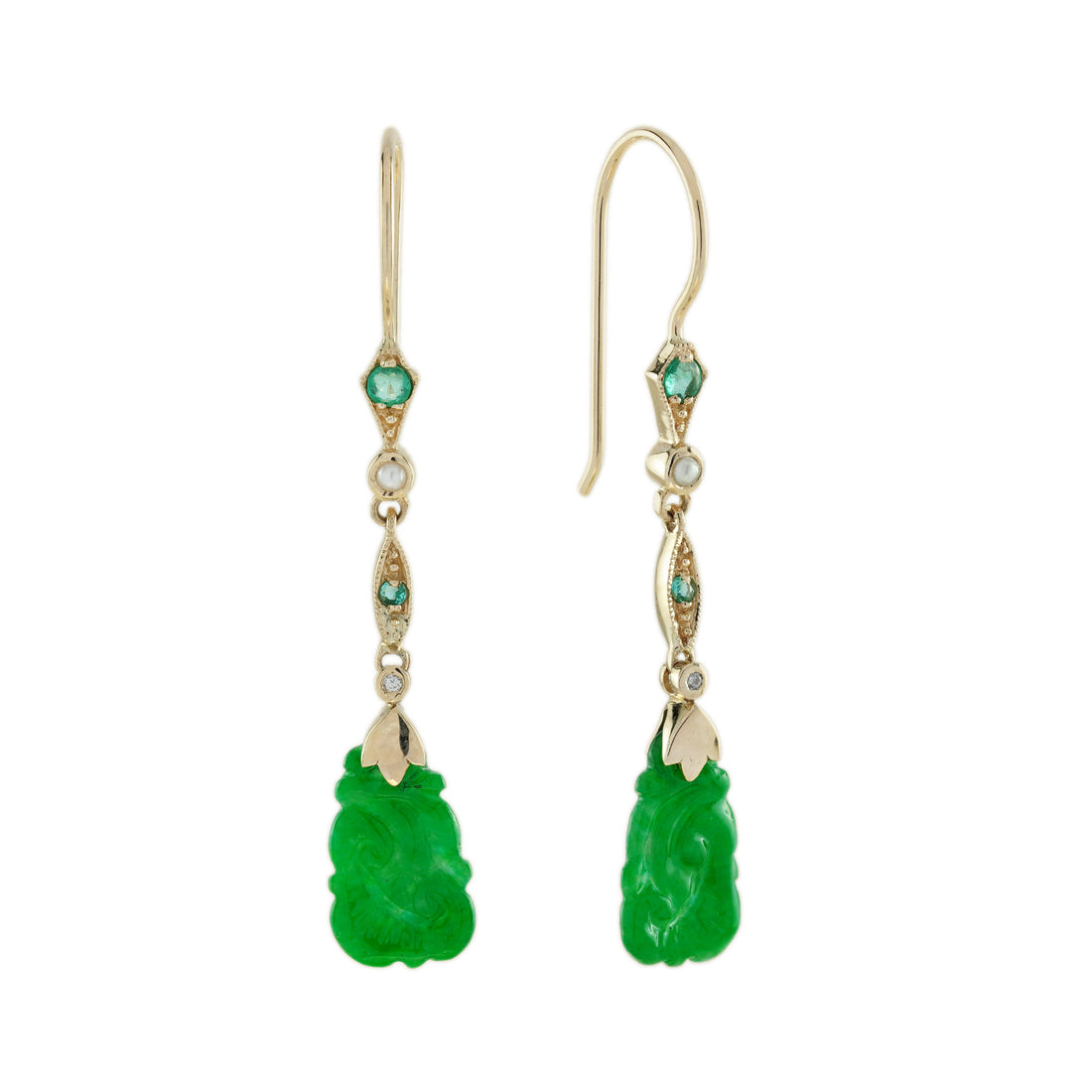 Carved Jade Pearl Emerald Diamond Vintage Style Dangle 9K Earrings