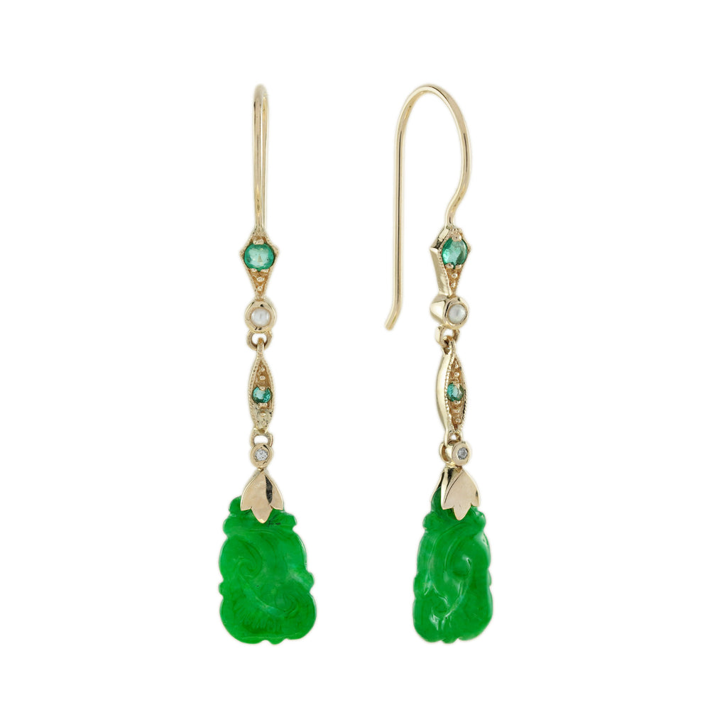 2.95 Ctw Vintage Style Carved Jade Emerald Pearl Drop 9K Yellow Gold Earrings