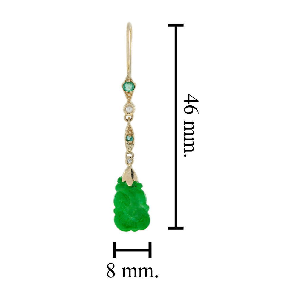 2.95 Ctw Vintage Style Carved Jade Emerald Pearl Drop 9K Yellow Gold Earrings